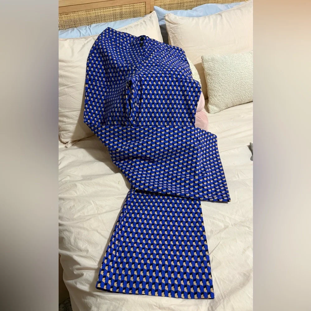 Maeve Blue and Tan Geometric Flare Pants - Picture 3 of 8